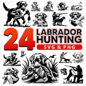 K&ouml;nnte beinhalten: Ein Satz von 24 Schwarzwei&szlig;-Vektorillustrationen von Labrador Retrievern, die Enten jagen. Der Text "LABRADOR HUNTING SVG & PNG" wird am unteren Rand des Bildes angezeigt.