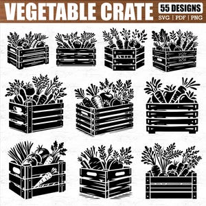 May include: A set of 9 black and white vector illustrations of vegetable crates filled with various vegetables, including carrots, tomatoes, and leafy greens. The crates are made of wood and have a rustic look. The illustrations are perfect for use in crafting projects, scrapbooking, or for creating digital designs.
