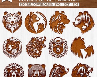 74 Lasergesneden moeder en babybeer Svg Dxf Pdf-bundel voor lasersnijden en -graveren, dieren in het wild familie ontwerpen voor hout en geschenken
