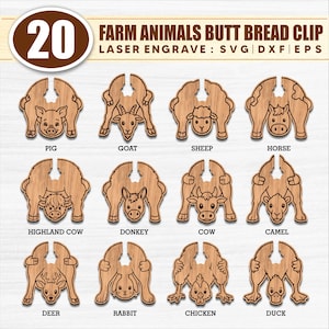 May include: A collection of 20 wooden bread clips featuring farm animal designs. Each clip is laser engraved with a different animal, including a pig, goat, sheep, horse, cow, donkey, camel, deer, rabbit, chicken, and duck.