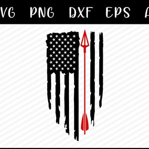 May include: A distressed American flag with a red arrow pointing upwards. The flag is black and white with a red arrow in the center.