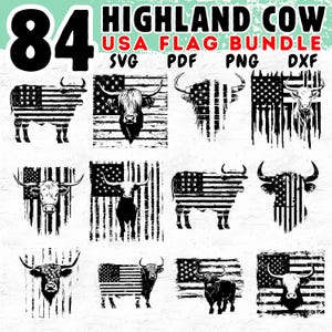 84 Highland Cow USA Flag SVG Bundle for Cricut Crafts, Patriotic Farm Animal Silhouette Clipart, Country Cow Cut Files for 4th of July