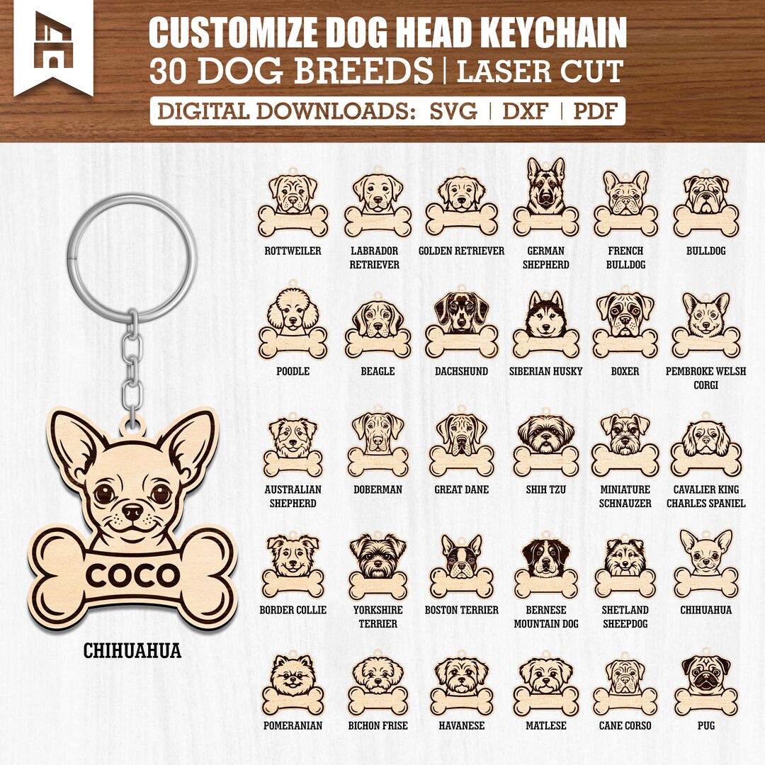 30 Dog Heads Name Tag Keychain SVG Bundle | Laser Cut Pet Keychain ...