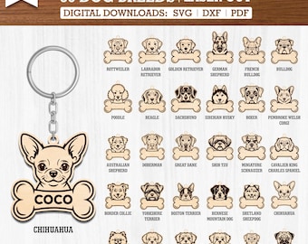 Pacote com 30 chaveiros com cabeças de cachorro em formato SVG | Arquivos para chaveiros de animais de estimação cortados a laser | Arquivos de corte gravados para plaquinhas de identificação de cachorro na Glowforge | Download digital