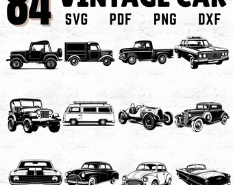 May include: Black and white illustrations of 10 vintage cars, including a jeep, truck, van, and classic cars. The text "84 VINTAGE CAR" is at the top, with file type abbreviations below.