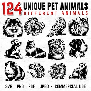 Op de afbeelding: Zwart-wit illustraties van verschillende huisdieren, waaronder een hond, kat, vis en vogel. De afbeelding bevat de tekst "124 UNIQUE PET ANIMALS DIFFERENT ANIMALS" en bestandstype opties: SVG, PNG, PDF, JPEG - COMMERCIAL USE.