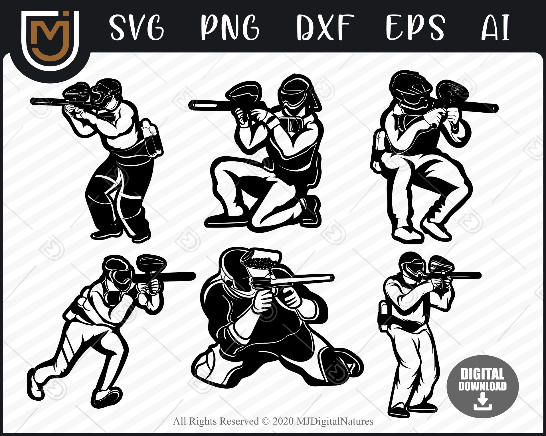 Paintball SVG Files 6 Players, Sports SVG, Shooting Svg, Paintball Gun SVG, Png, Silhouette, Cut File for Shooters