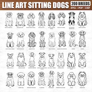 200 Breeds Sitting Dog Line Art SVG Bundle, Dog Cricut Files, Puppy Outline Clipart, Pet Lover Digital Cut File, Laser Cut Dog Sketch Art image 1