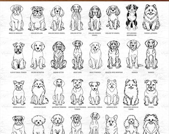200 Breeds Sitting Dog Line Art SVG Bundle, Dog Cricut Files, Puppy Outline Clipart, Pet Lover Digital Cut File, Laser Cut Dog Sketch Art