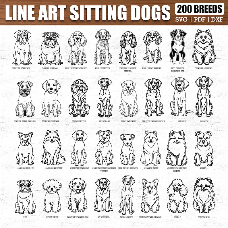 200 Breeds Sitting Dog Line Art SVG Bundle, Dog Cricut Files, Puppy Outline Clipart, Pet Lover Digital Cut File, Laser Cut Dog Sketch Art image 1