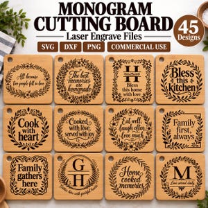 May include: A collection of twelve square light brown wooden cutting boards, each featuring a unique laser-engraved design with floral wreaths and text such as 'Bless this kitchen' and 'Family first, always'. The image includes text labels.