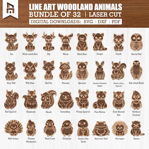 32 Woodland Animals Sitting Front View Svg Dxf Pdf Bundle for Laser Cut and Engrave, Forest Creature Designs for Signs, Gifts, and Decor
