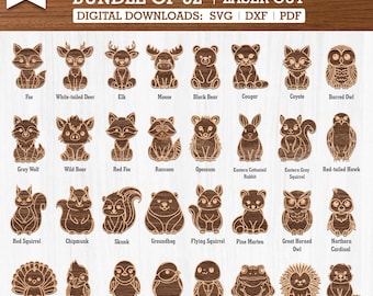 32 Woodland Animals Sitting Front View Svg Dxf Pdf Bundle for Laser Cut and Engrave, Forest Creature Designs for Signs, Gifts, and Decor