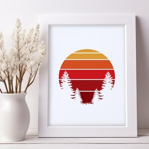 May include: A retro-style sunset graphic with three white silhouette trees in front of a red, orange, and yellow sun.
