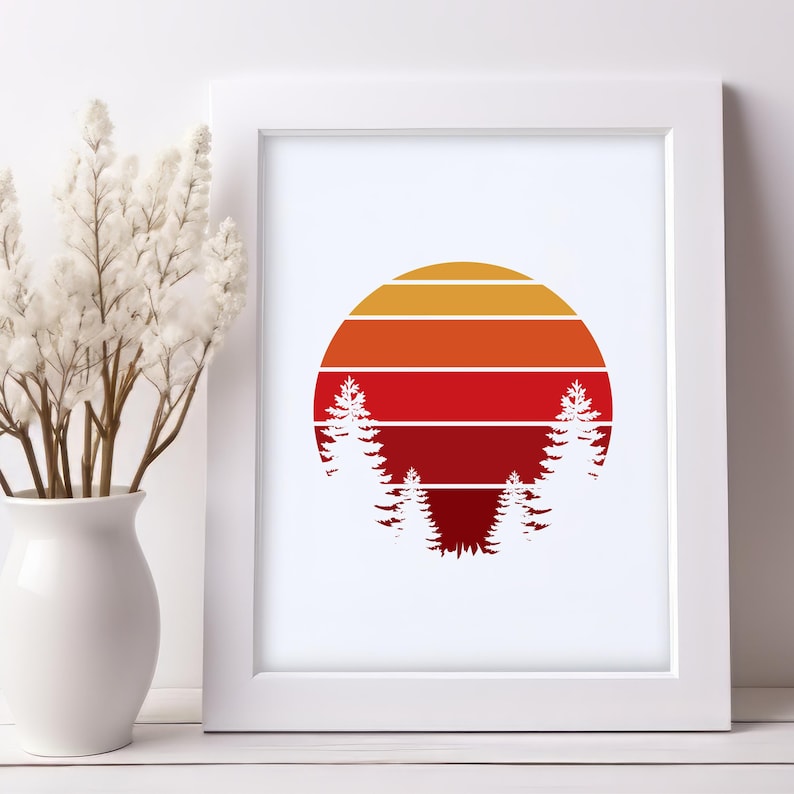 May include: A retro-style sunset graphic with three white silhouette trees in front of a red, orange, and yellow sun.