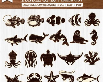 20 Sea Animals Laser Cut Files Bundle Svg Pdf Dxf | Ocean Animal SVG Bundle for Glowforge, Laser Engrave, CNC Plasma, Digital Download