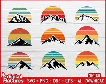 9 Files Bundle Mountains Svg Retro Sunset - Forest Svg, Camping Svg, Sunset Svg, Travel Svg for Mountain Lovers