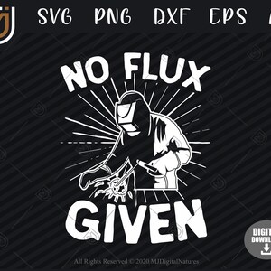 May include: A black and white illustration of a welder with a welding mask and a welding torch. The text "NO FLUX GIVEN" is above the welder. The image is on a black and white striped background.