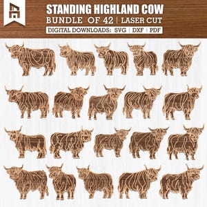 Standing Highland Cow SVG Bundle of 42 Designs for Laser Cut Projects, Farm Animal Clipart, Rustic Cow Silhouette DXF PDF Cut Files