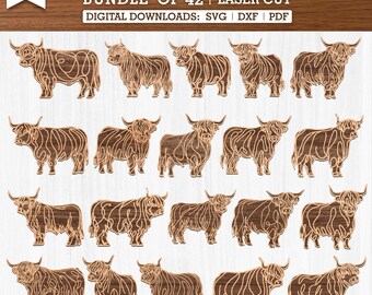 Standing Highland Cow SVG Bundle of 42 Designs for Laser Cut Projects, Farm Animal Clipart, Rustic Cow Silhouette DXF PDF Cut Files