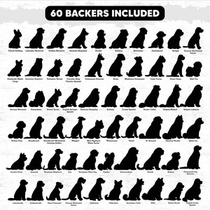 May include: A chart of 60 different dog breeds, each represented by a black silhouette of the dog sitting down. The breeds are listed below each silhouette.