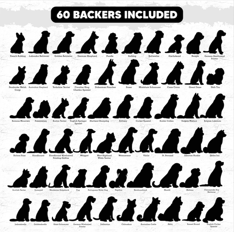 May include: A chart of 60 different dog breeds, each represented by a black silhouette of the dog sitting down. The breeds are listed below each silhouette.