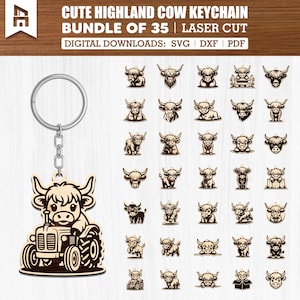 May include: A wooden Highland cow keychain with a tractor design and a silver keyring. The image shows a collection of 35 laser-cut Highland cow designs. Text on the image reads "CUTE HIGHLAND COW KEYCHAIN BUNDLE OF 35 | LASER CUT".