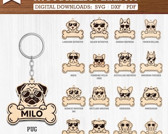 Pacote com 100 chaveiros personalizados com pingentes de cachorro de óculos de sol em formato SVG | Arquivos para corte a laser de chaveiros para animais de estimação | Arquivos de corte para gravação a laser de pingentes de cachorro na Glowforge