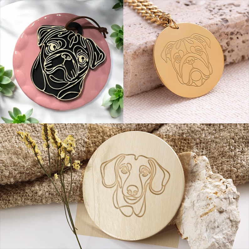 May include: Three different dog portraits on round wooden and metal plaques. The first plaque is pink and features a black pug. The second plaque is gold and features a bulldog. The third plaque is light brown wood and features a dachshund.