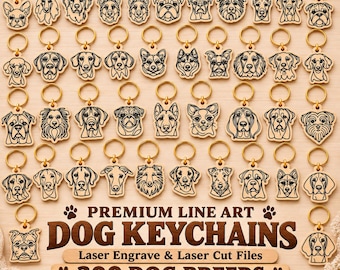 Può includere: Una collezione di portachiavi in legno raffiguranti razze canine con anelli in metallo dorato, caratterizzati da ritratti incisi al laser. Il testo recita: PREMIUM LINE ART DOG KEYCHAINS Laser Engrave & Laser Cut Files 300 DOG BREEDS SVG DXF PDF.