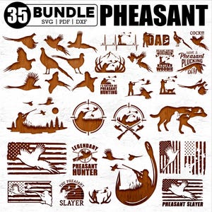 Peut inclure: Un lot de 35 fichiers SVG, PDF et DXF de chasse au faisan à télécharger numériquement. Les motifs présentent diverses silhouettes de faisans, des scènes de chasse et des phrases textuelles comme "Jour de la plume de faisan" et "Chasseur de faisan légendaire".