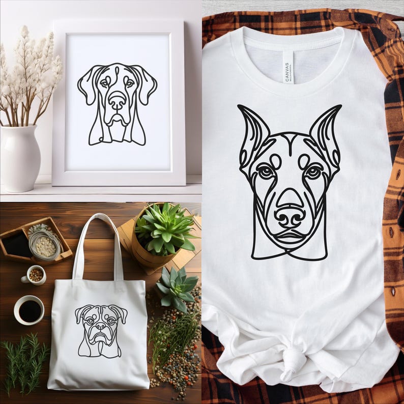 May include: A set of three white tote bags featuring black line drawings of dog breeds. The tote bags are displayed on a wooden surface alongside a white framed picture and a white t-shirt with a black line drawing of a dog breed.