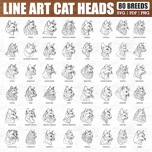 80 Cat Breed Line Art Head Side View Svg Dxf Png Pdf Bundle for Cricut Crafts, Minimal Pet Face Designs for Shirts, Mugs, and Decor