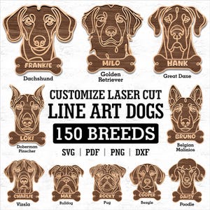 Customize Line Art Dogs 150 Breeds Dog Bundle Svg Pdf Dxf Png Lasercut- Dog Ornaments, Dog Laser Cut, Glowforge Svg, Cnc