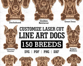 Customize Line Art Dogs 150 Breeds Dog Bundle Svg Pdf Dxf Png Lasercut- Dog Ornaments, Dog Laser Cut, Glowforge Svg, Cnc