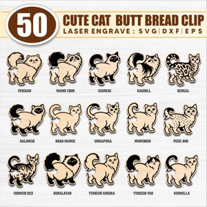 Könnte beinhalten: Eine Sammlung von 15 brotklammern in Katzenform aus Holz, die jeweils eine andere Rasse darstellen, darunter Perser, Maine Coon und Siam. Der Text "CUTE CAT BUTT BREAD CLIP" wird darüber angezeigt.