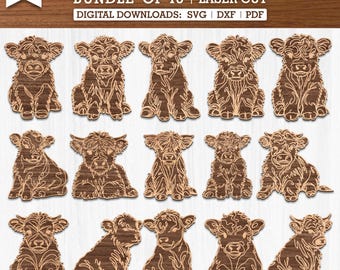 Paquete de 15 vacas de las tierras altas sentadas de arte lineal Svg Pdf Dxf cortadas con láser - Mandala de vaca en capas svg, Glowforge Svg, Vaca multicapa Svg, Cnc, Archivos de corte