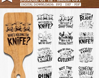12 roliga köksskärbrädor SVG-paket PNG DXF | Roliga kökscitat | Lasergraverade filer för charkuteribrädor | Konst för husdjurskök