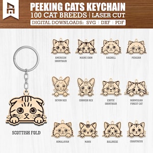 May include: Wooden keychain featuring a Scottish Fold cat design, with a metal ring and chain. The image also displays various laser-cut cat breed designs, including American Shorthair, Maine Coon, Ragdoll, and Persian.