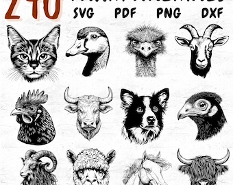 240 Farm Animals SVG PNG PDF Dxf Bundle for Cricut Silhouette Laser Cutting Engraving Barnyard Cow Pig Chicken Goat Horse Clipart Files