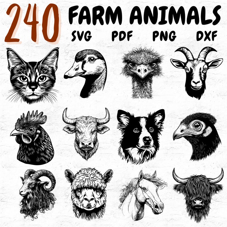 240 Farm Animals SVG PNG PDF Dxf Bundle for Cricut Silhouette Laser ...