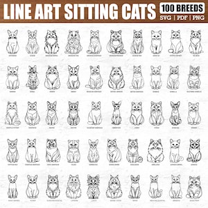May include: Black and white line art illustrations of 100 cat breeds in a sitting position. The image includes text that reads "LINE ART SITTING CATS 100 BREEDS" and file type options: SVG, PDF, and PNG.