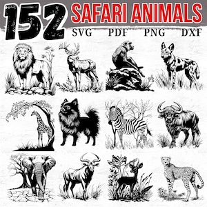 152 Standing Safari Animals SVG Bundle, African Wildlife Clipart Set for Cricut Crafts, Jungle Animal Silhouettes and Wild Animal Cut Files