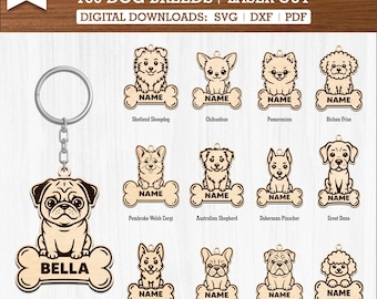 Pacote de chaveiros SVG com 100 nomes de cães de raças personalizáveis | Arquivos para chaveiros de animais de estimação cortados a laser | Arquivos para placas de identificação de cães Glowforge cortados a laser e gravados