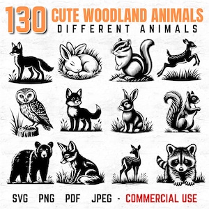 130 Cute Woodland Animals Svg DXF PNG PDF Bundle for Cricut, Sublimation, Prints, and Laser Cut Crafts, Forest Animal Clipart Set
