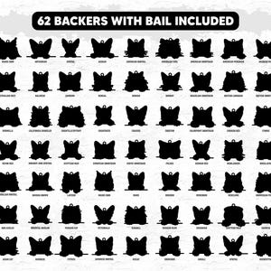 May include: A collection of 62 black cat-shaped charms, each with a bail for attaching to a necklace or bracelet. The charms are arranged in rows, with the names of different cat breeds printed below each charm. The text "62 BACKERS WITH BAIL INCLUDED" is at the top.