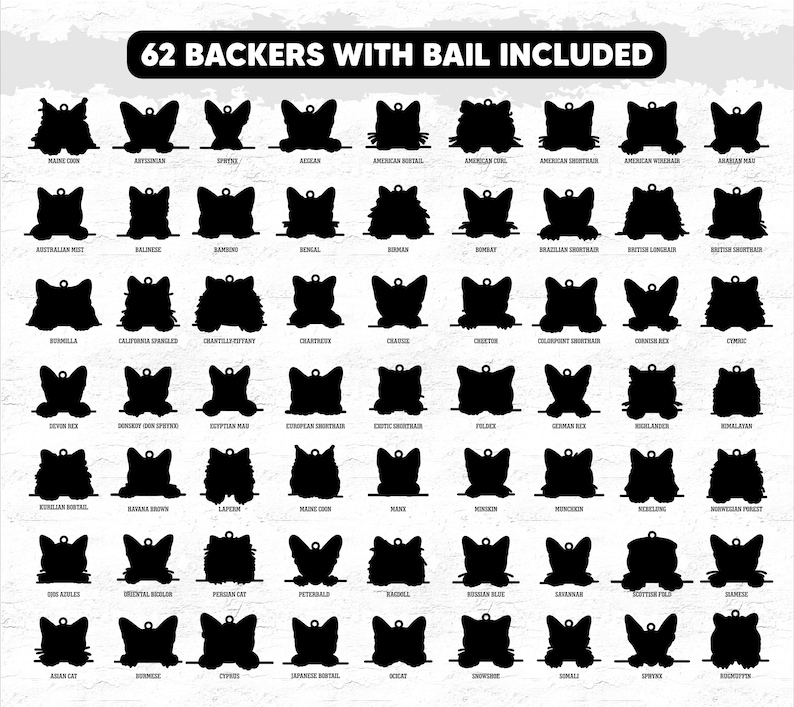 May include: A collection of 62 black cat-shaped charms, each with a bail for attaching to a necklace or bracelet. The charms are arranged in rows, with the names of different cat breeds printed below each charm. The text "62 BACKERS WITH BAIL INCLUDED" is at the top.