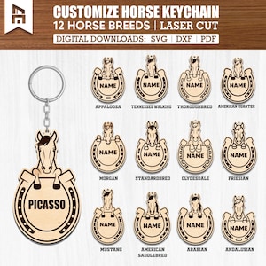 May include: A wooden horse keychain with a horseshoe design and the name "PICASSO" engraved. The image also displays 12 horse breed keychains, including Appaloosa, Morgan, and Mustang. The text reads "CUSTOMIZE HORSE KEYCHAIN".