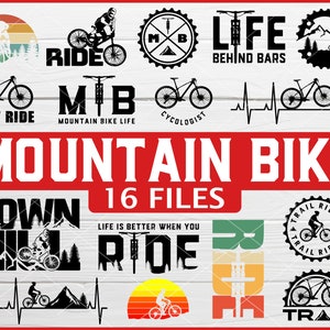 May include: A collection of 16 digital designs featuring mountain biking themes. The designs include various mountain bike related phrases, logos, and illustrations.  The designs are ideal for creating t-shirts, mugs, stickers, and other merchandise.