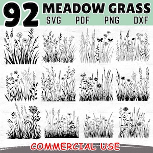 Puede incluir: Un conjunto de 92 imágenes en silueta en blanco y negro de hierba de prado y flores silvestres. Las imágenes son perfectas para proyectos de manualidades, scrapbooking y diseño digital.